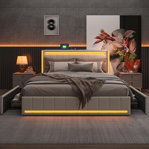 WSOFZMO Doppel Bett 180x200 mit Lattenrost, Polsterbett Doppelbett 180x200 mit Stauraum, Boxspringbett Jugendbett, Betten mit 4 Schubladen, Leinen, ohne Matratze (Neu03 Weiß, 180 * 200)