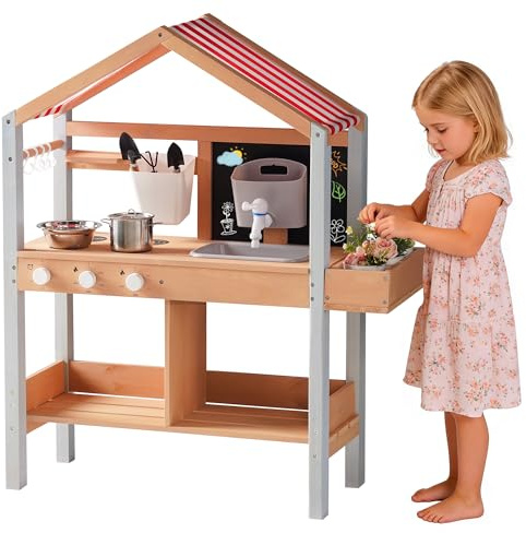 ROBUD Mud Kitchen for Kids Outdoor Wooden Playset with Stove, Sink, Chalkboard & Storage, Pretend Play Kitchen with Canopy for Outdoor Fun，Boys and Girls, Ages 3+