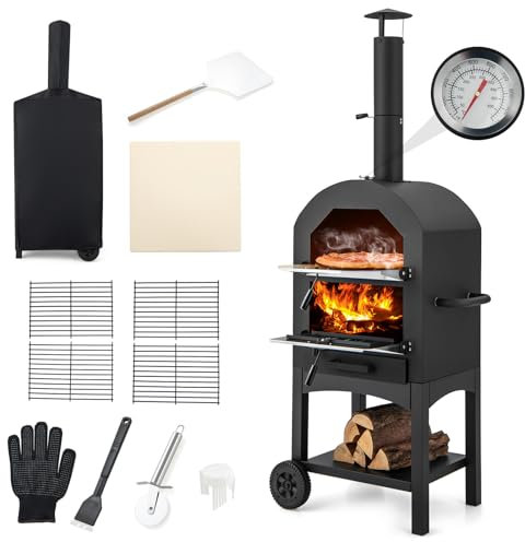 COSTWAY Outdoor Pizza Oven, Portable Wood Fire Pizza Maker with Waterproof Cover, Chimney and Pizza Stone, Charcoal BBQ Grill Camping Pizza Cooker (no Side Storage Shelves, 64 x 53 x 162 cm)