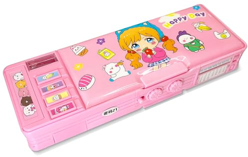 Ristpal Pop up Multifunktions Mäppchen Federmäppchen für Jungen und Mädchen, Niedliches Cartoon Muster, mit Bleistiftspitzer, Whiteboard, bestes Geburtstagsgeschenk (Rosa 2)