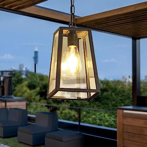 Hängeleuchte Wasserdichte Pendelleuchte Schwarz Vintage Industrie E27 Hängelampe Aussen Innen Metall IP44 Aluminium Glas Outdoor Retro Pendellampe Lampenschirm Laterne für Garten Pavillon Villa