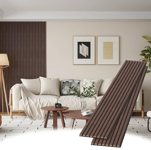 POHARE Wood Slat Wall Panels, 2 Pack Accent Decorative Acoustic Wood Slats for Wall and Ceilings, Acoustic Panels for Interior Wall Décor on Felt Back Board, Walnut, 8 x 1 ft