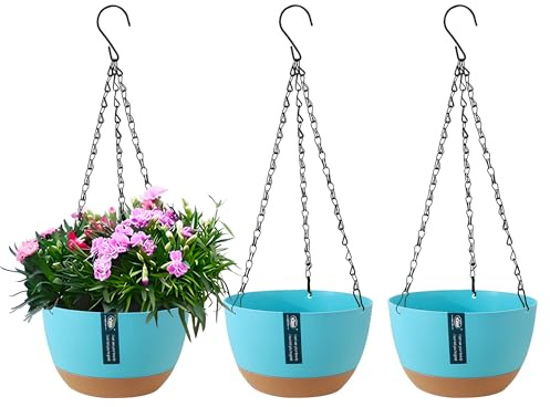 YuanDiann 3er Pack Hängende Blumentöpfe mit abnehmbarem Tablett, Selbstabsorbierende Hängepflanze Blumentopfkorb aus Kunststoff Außen Innen Blumenampel Haus Garten Balkon Dekoration Blau 24.5cm