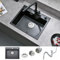 Bokaiya Quartz Kitchen Topmount Sink 50x45x20cm, Quartz Kitchen Built-in Black with Overflow, Deep Single Bowl, 2 Faucet Holes and Siphon, Suitable for Workstation and Bar Sink