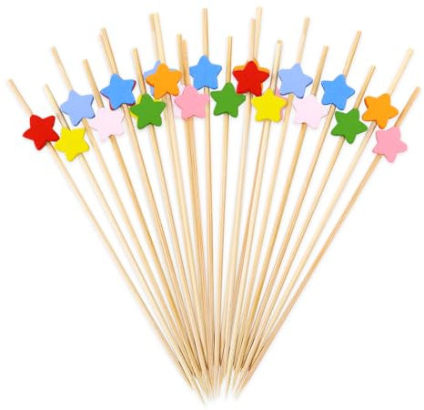 DazzJoy 100 Stück Holz Cocktailspieße,Sternförmige Fingerfood Spieße,12cm Zahnstocher Holz,Spiesse für Snacks Fingerfood,Partyspieße Obstspieße Holzspieße,Bunt Spieße Fingerfood Cocktail Spieße