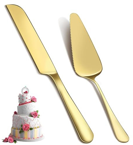 Wedding Cake Knife and Server Set 2 Pieces Stainless Steel Cake Cutting Set Cake Shovel and Cake Knife for Wedding, Christmas, Birthday(Gold)