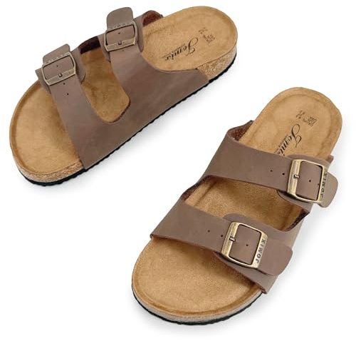JOMIX Sandali Estivi Donna con Plantare Anatomico Ciabatte Sughero Doppia Fibbia Regolabile Pantofole Comode Suola Antiscivolo per Camminare Stile Classico WCX250343 Khaki 38