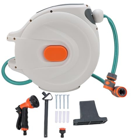 NOENNULL Garden Hose Reel Wall Mount Retractable Pressure Washer Hose Reel, Auto Rewind Power Washer Any Length Lock Water with Sprayer for Washing Car Cleaning (20m / 65.6ft)