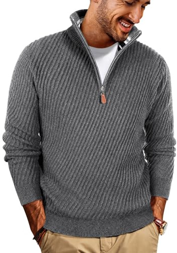 PJ PAUL JONES Strickpullover Herren V Ausschnitt Arbeitspullover mit Reissverschluss Troyer Pullover Dunkelgrau M