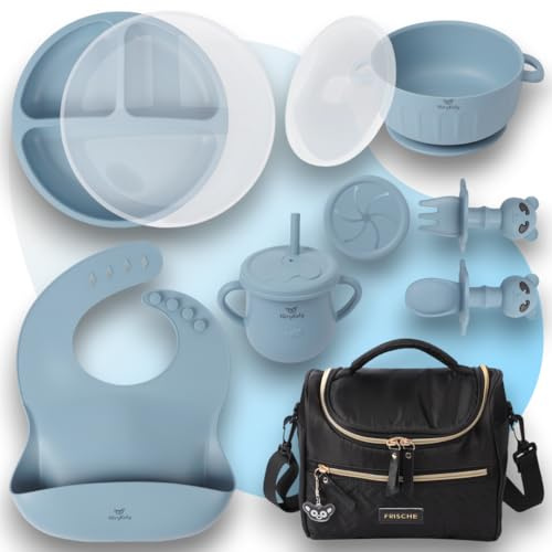 NiryKely – Set Repas Bébé Complet 8 Pièces en Silicone – Assiette Ventouse Compartimentée, Bol, Tasse d’Apprentissage, Couverts, Bavoir + Sac Isotherme – Kit voyage Sans BPA dès 6 Mois (Bleu)