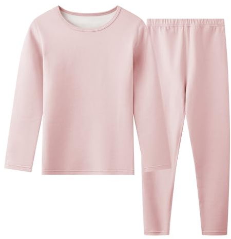 Hoseay Ensemble sous-vêtement Thermique Enfant, Chaud Polaire Haut Manches Longues et Pantalon 2 Pièces Thermiques Set, Vêtements de Sport Ski Hiver pour Fille 12-13 Ans, Rose
