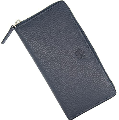 Baur Damen Geldbörse Echt Leder Geldtasche | Geldbeutel mit RFID Schutz | Großes Portemonnaie viele Kartenfächer | Wallet mit Rundum-Reißverschluss | Portmonee | Damen-Geldbörsen (Dunkelblau)