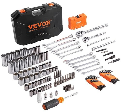 VEVOR Juego de herramientas mecánicas y juego de enchufes, 1/4 pulgadas y 3/8 pulgadas de profundidad y llaves estándar, kit de herramientas mecánicas SAE y métricas con brocas, llave combinada,