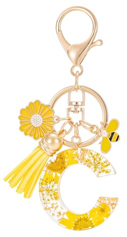 MWOOT Letter Keychains Initiale Lettre Porte Clef Lettre C,Alphabet Initial Keyring avec Pampille Pendentif,Jaune Pétales Feuille D'or Key Ring pour Femmes Filles Portefeuilles Sac à Main Charme(C)