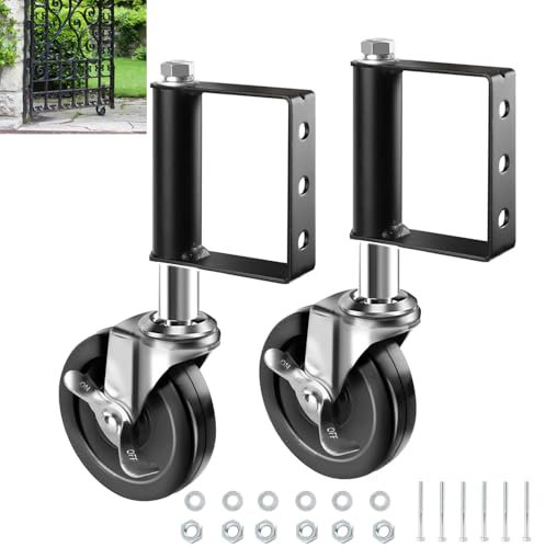 TOOSOAR 2er Federbelastete Torrollen Set,125mm Gummi Torlaufrolle mit Bremse,mit Universal-Montageplatte,Federbelastete Tor Stützrad,für Gartentor,Bauernhof,schwarz