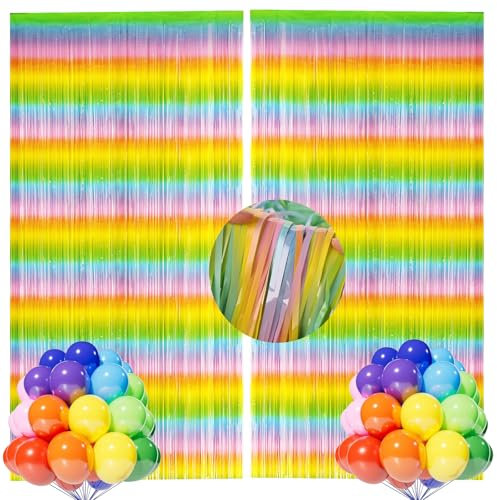 Cortina de oropel para carnaval, arco iris con purpurina con 20 globos de colores, 2 flecos, cortinas con purpurina, cortina de fondo, franjas, serpentinas, cortina de flecos para niños, fiesta,