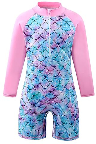 BOVOSHA Girls Mermaid Swimming Costume Kids One Piece Long Sleeve Swimsuit Swimwear Age 3-14 Years