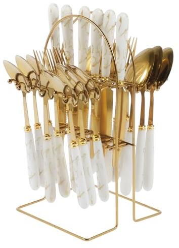 Cutlery Set with Holder 24 Pieces Tableware Silverware Set Stainless Steel Flatware Set Service for 6 People Forks Knives and Spoons Set Gold Mirror Polished and Dishwasher Safe for Home Restaurant