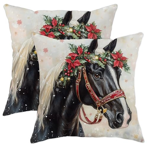 Feiertagskissenbezüge, 2er-Set, schwarzes Pferd mit Weihnachtskranz, festliche dekorative quadratische Kissenbezüge für Zuhause, Wohnzimmer, Couch, 40,6 x 40,6 cm
