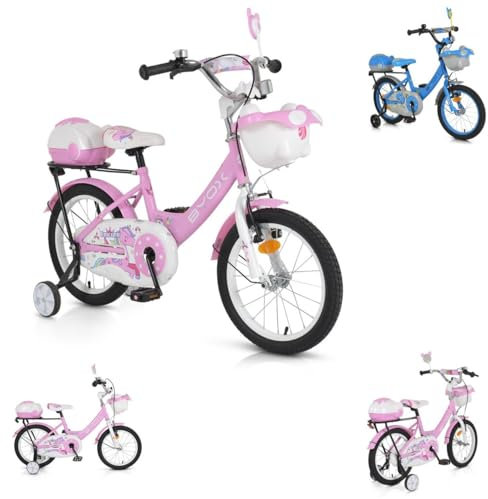 Byox Kinderfahrrad 16 Zoll 1602, Stützräder, höhenverstellbar, Klingel, Körbe rosa