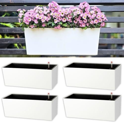 LaLaGreen - Fioriera per ringhiera (50 cm, 4 pezzi), bianca, rettangolare, per finestra, con staffa, sistema di auto-irrigazione, fioriera da appendere, per vasi per piante da esterno, per terrazze