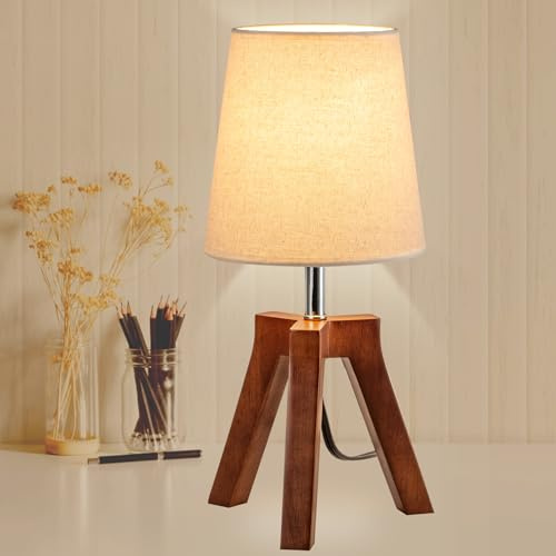 Dreamholder Wood Bedside Table Lamp, Tripod Desk Lamp with On-Off Switch, Nightstand Lamp with Fabric Shade for Reading, Bedroom, Living Room, Office, Walnut Base with Linen Shade