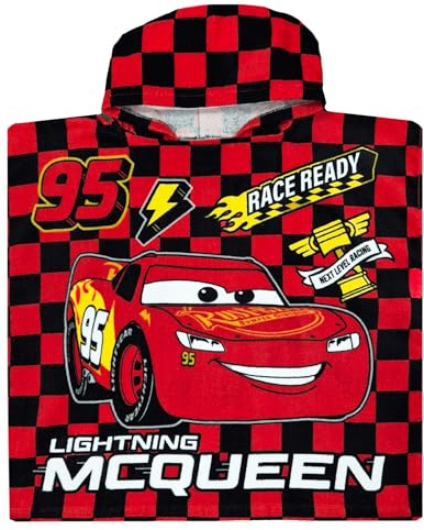 Disney Cars - Poncho de toalla con capucha para niños, diseño de Rayo McQueen (rojo, talla única)
