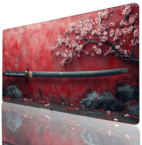 Alfombrilla Ratón flores de cerezo, Alfombrilla Gaming Katana, Impermeable Tapete Escritorio 1400 x 600 x 3mm Compatible con Raton Inalambrico y Teclado Inalambrico, Mousepad para Portatil 2412-GYL