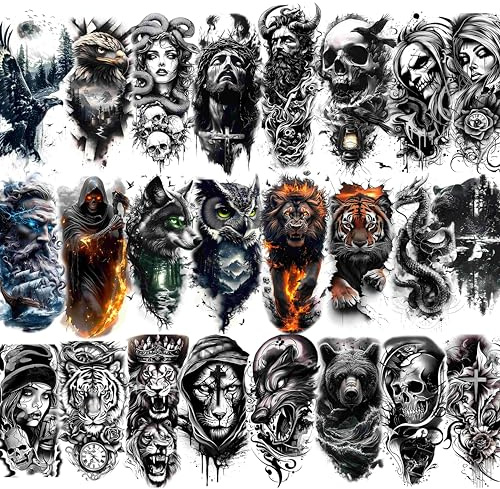 GLARYYEARS 24-Pack Half Sleeve Temporary Tattoos for Adults - Realistic 3D Halloween Cosplay, Lion, Eagle, Skull, Jesus & Greek God Gothic Designs | Waterproof Forearm Body Stickers for Men & Women