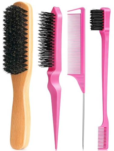 Boar Bristle Slick Back Hair Brush for Smooth Flyaways, Frizz, Sleek Ponytail, Buns and Edge Baby Hair, Teasing | Hair Comb, Edge Brush, Teasing Brush Styling Accessories for Girls, Kids, Women & Men