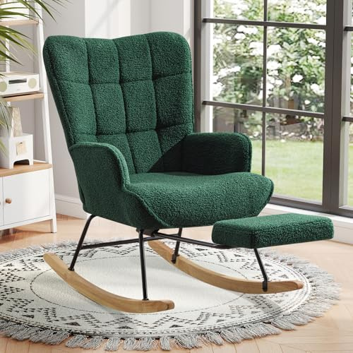 Ckaff Poltrona a Dondolo con Poggiapiedi, Sedia a Dondolo per Salotto Poltrona Allattamento con Schienale Alto e Base in Legno Massiccio per Cameretta Bambini Camera da Letto Soggiorno, Verde