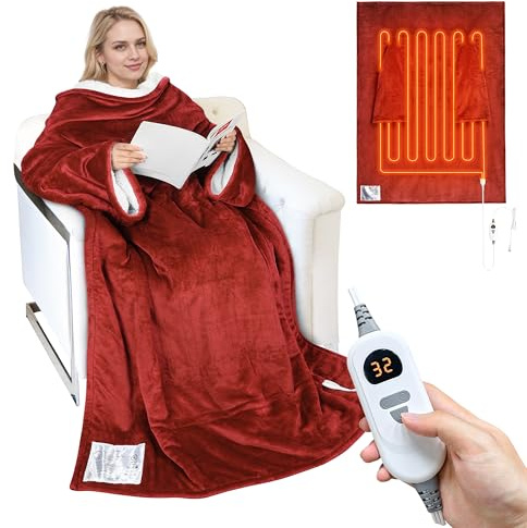 Catalonia Classy Heated Wearable Blanket with Sleeves, Warm Sherpa Fleece Heated Throw Blanket, Electric Snuggle Blanket with Arms, Cozy Gift for Women Men, 178 x 127 cm, Wine