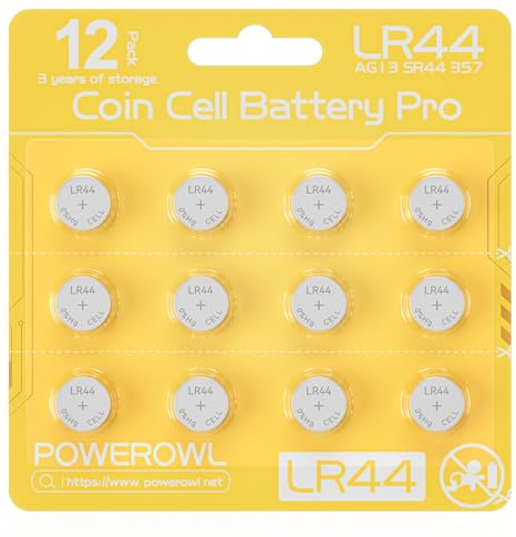 POWEROWL 12 Pcs LR44 Batteries for Watches, Christmas decorations, Bottle Lights, and Small Electronics (Yellow)