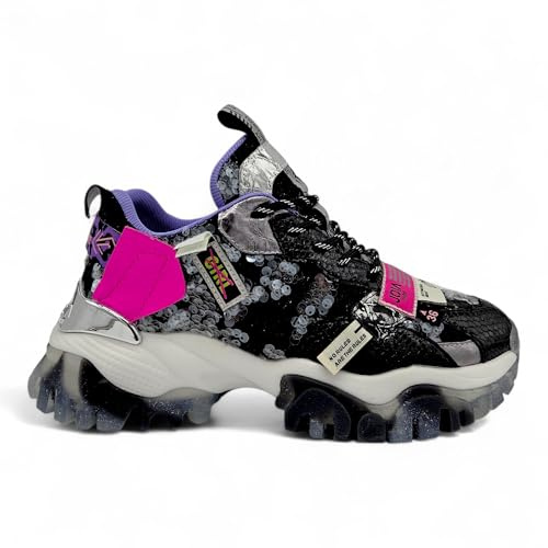 JOIA PARIS - Sneaker Donna Chunky luxory. Scarpe Fashion con Strass e Dettagli Glitter. Suola Oversize. (Nero - Paillettes Argento, Sistema Taglie Calzature EU, Adulto, Donna, Numero, Media, 37)