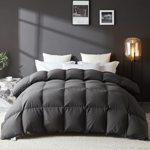 L LOVSOUL Grå gåsduntäcke king size, fluffig duntäcke för alla årstider, 60 ml medelvikt för hotellsängkläder täcke med hörnflikar, ljudlöst överdrag, king täcke 25 x 230 cm