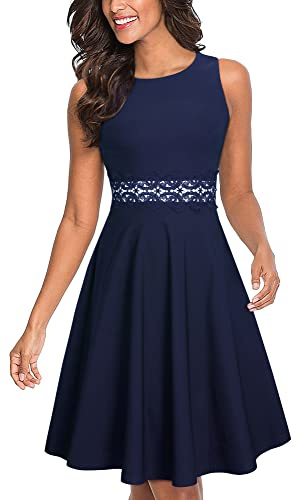 HOMEYEE Vestiti Cocktail Floreale da Donna con Girocollo Senza Maniche Vintage UKA079 (EU 38 = Size M, Blu Scuro)