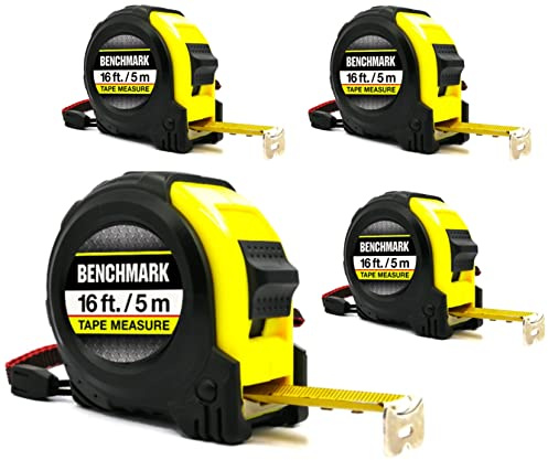 Benchmark - 4 Pack of 16ft Tape Measures - Retractable, Auto Lock, Metric and Imperial (feet and Centimeters), Tough Outer Shell Protection