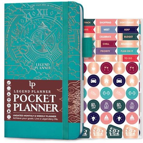 Legend Planner Pocket – Pequeño diario mensual y semanal de objetivos y calendario para productividad, mini planificador de vida perfecto para bolso, tamaño: 8,9 x 15,7 cm, tapa dura, sin fecha, verde