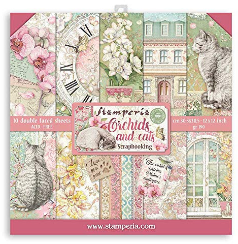 STAMPERIA INTERNATIONAL, KFT SBBL81 Scrapbooking Block 10 Blätter cm 30,5x30,5 Orchideen und Katzen, 30.5cmX30.5cm, Verschieden