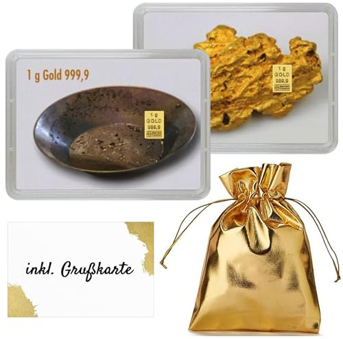 Goldstücke24 - Goldbarren 1g – Geschenk Motivbox “Goldnugget” - Tolle Geschenkidee - Feingold 999,9