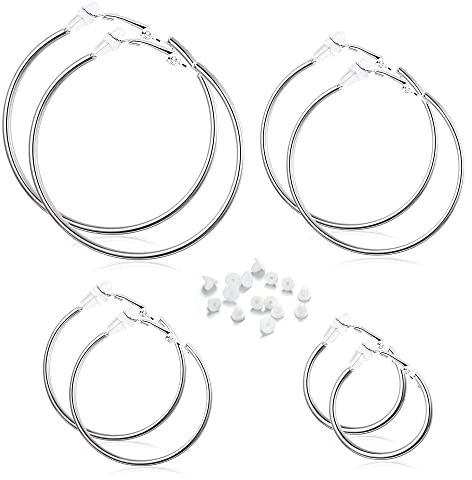 Morfetto 14K Clip sur Boucles d'oreilles Créoles Non Piercing Clip sur Boucles d'oreilles pour Femmes 30MM 40MM 50MM 60MM Argent