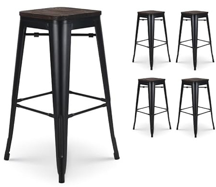 Kosmi - Set med 4 barstolar i matt svart metall i industriell stil och säte i mörkt trä - höjd 76 cm