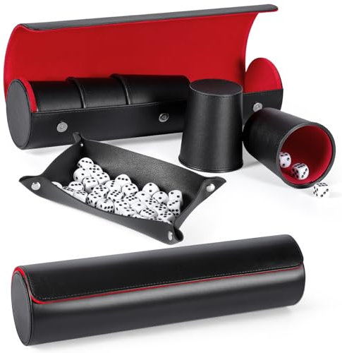 Leather Dice Cup Set, 10 Red Cups, 50 Dice with 2 Storage Cases for Adult