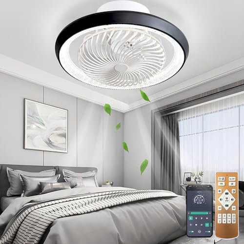 TJSC Deckenventilator mit Beleuchtung LED Licht,Dimmbar Invisible Fan Ventilatorlicht,360° Drehbar,Timer Leise Ventilator lampe,72W mit Fernbedienung APP,für Wohnzimmer Schlafzimmer, 49cm, Schwarz#1