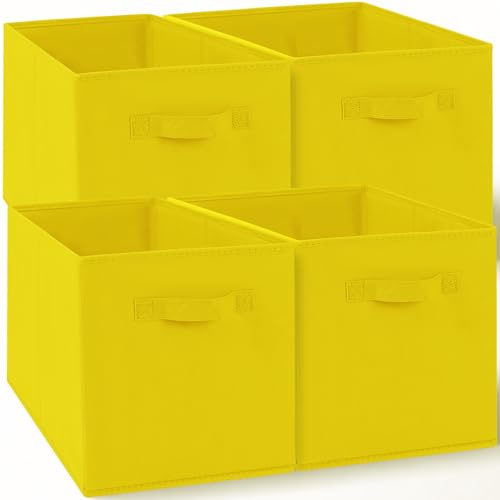 Amazing Tour 4 PCS Cube Storage Boxes 33x38x33 Foldable Fabric with Handles Collapsible for Home Office Nursery Organiser - Clothes Basket Containers, Yellow