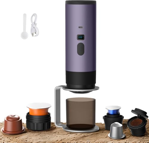 3 in 1 Macchina da Caffè Multi Capsule, Caffettiera Portatile, Caffettiere Espresso Capsule E Caffè Macinato, Macchina per Espresso Elettrico, 15 Bar, Per Ufficio Viaggi Campeggio Casa (porpora+