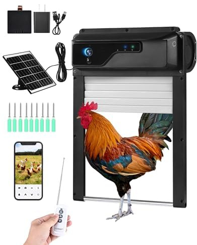 Caifunway Automatic Chicken Coop Door with HD Camera, Solar Powered, 5000mAh Battery, WiFi App Remote Control & Timer, Night Vision, Anti-Pinch Sensor, Motion Alarm for Poultry Coop (Black)