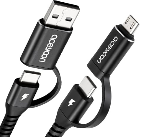 aceyoon 4-i-1 multi-USB-kabel 1 m, 60 W USB C snabbladdningskabel med dataöverföring, nylon multi-laddningskabel med USB C till mikro, USB C till USB A för iPhone 17 16, Samsung Galaxy, Google Pixel