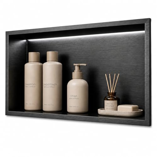 Galyon Hornacina Ducha Empotrable con LED 63x33 cm Acero Inoxidable S.304 Nicho Baño Pared | Estante Ducha Iluminado Grande Anticorrosión Nicho de Ducha Empotrable | MEDIMEX Oceanic (Black Gun Metal)