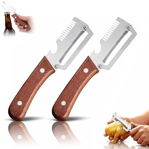 3 en 1 Éplucheur de légumes multifonction pour la cuisine avec lame en acier inoxydable ultra-aiguisée et manche en bois ergonomique, Râpe multifonction, avec Ouvre-Bouteille